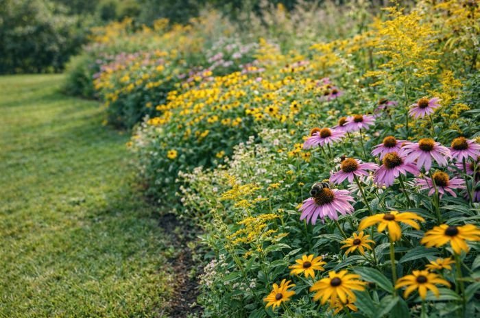 Residential garden border planted with native wildflowers including purple coneflowers, black-eyed Susans, and goldenrod, with a bumblebee foraging beside a lawn edge in midsummer.