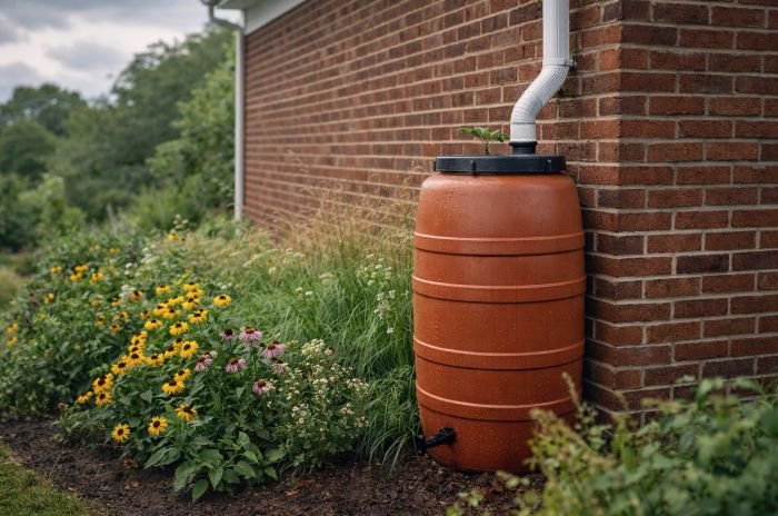 Terracotta rain barrel connected to a white downspout beside a brick house, surrounded by native wildflowers and ornamental grasses in a sustainable home garden.