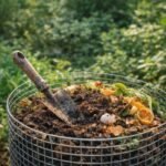 Wire compost bin filled with decomposing kitchen scraps and dark organic matter in a home garden, illustrating sustainable gardening practices that support soil health and ecosystems.