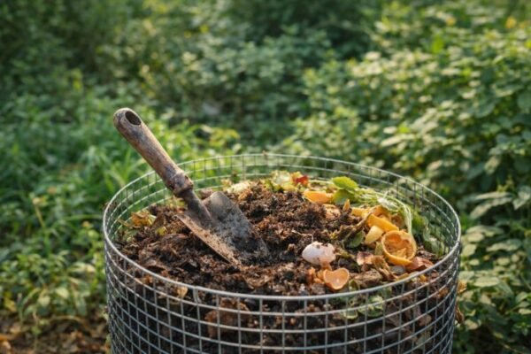 Wire compost bin filled with decomposing kitchen scraps and dark organic matter in a home garden, illustrating sustainable gardening practices that support soil health and ecosystems.