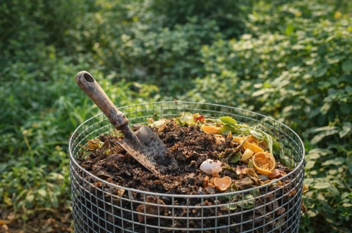 Wire compost bin filled with decomposing kitchen scraps and dark organic matter in a home garden, illustrating sustainable gardening practices that support soil health and ecosystems.