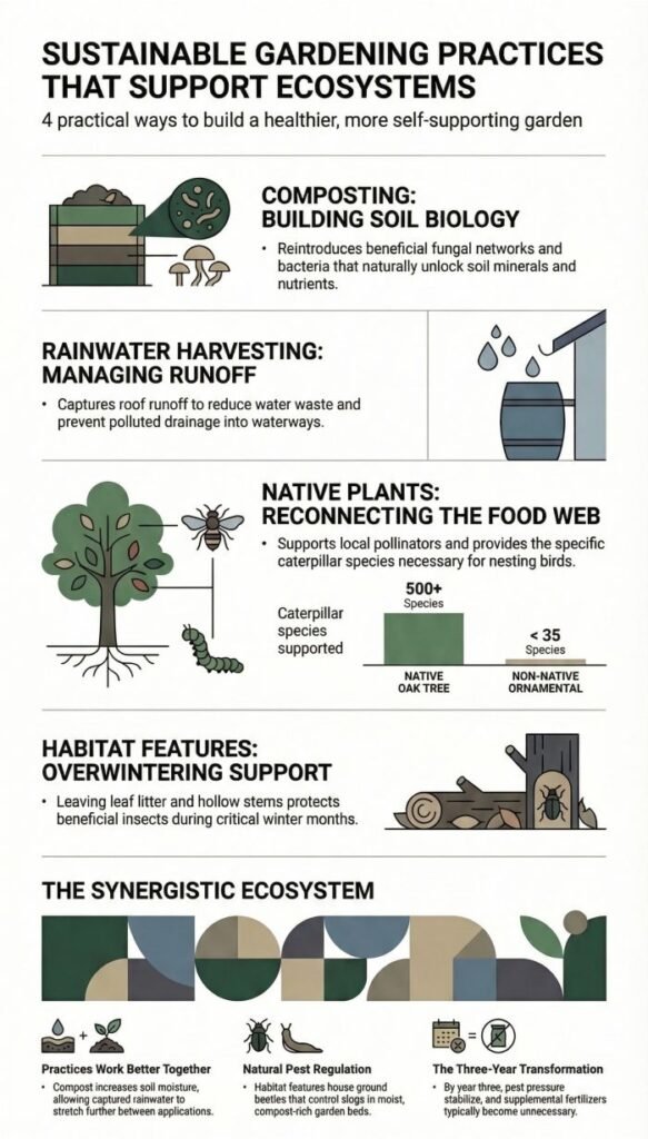 Infographic showing four sustainable gardening practices that support ecosystems: composting, rainwater harvesting, native plants, and habitat features, plus how they work together over time.