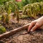 Wilting garden plants in dry cracked soil while a hand checks root-zone moisture in a raised bed.