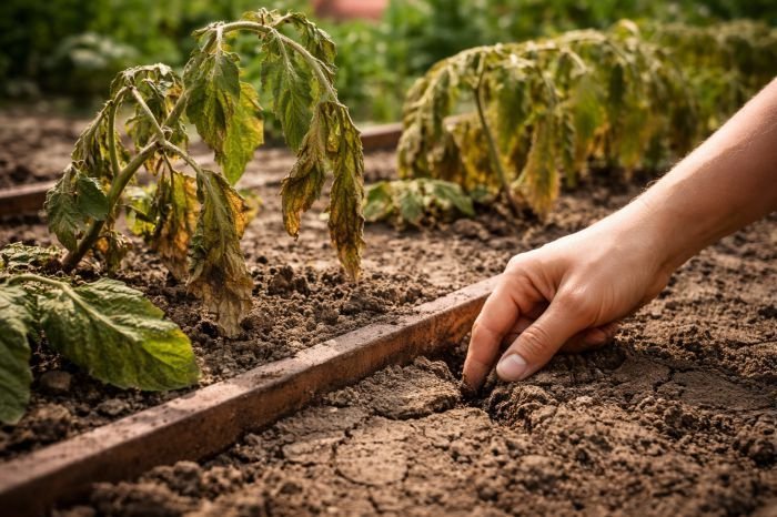 Wilting garden plants in dry cracked soil while a hand checks root-zone moisture in a raised bed.