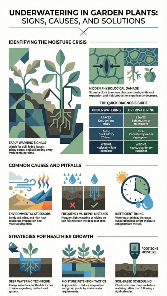 Infographic showing underwatering in garden plants, including early warning signs, hidden plant damage, common causes, watering mistakes, and soil-based solutions.