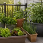 Balcony container vegetable garden with leafy greens, herbs, onions, and a supported tomato plant showing how crop choice depends on pot size, light, and available space.