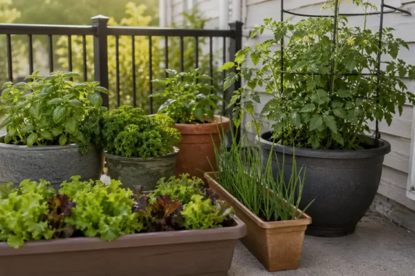 Balcony container vegetable garden with leafy greens, herbs, onions, and a supported tomato plant showing how crop choice depends on pot size, light, and available space.