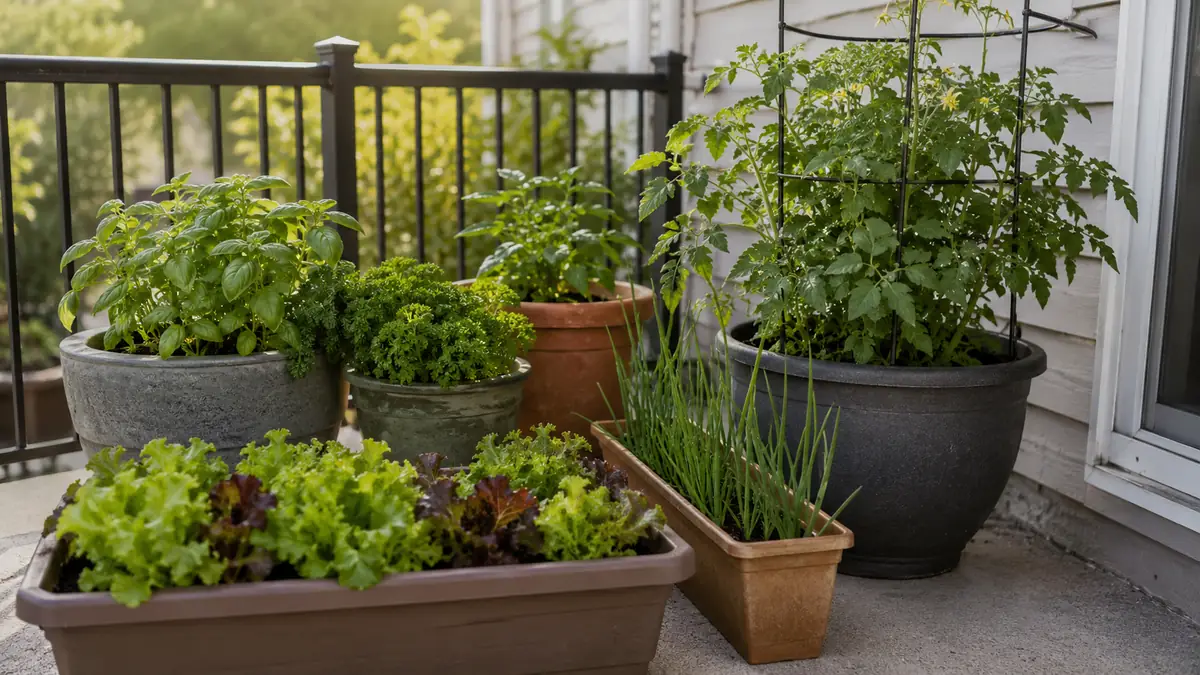 Balcony container vegetable garden with leafy greens, herbs, onions, and a supported tomato plant showing how crop choice depends on pot size, light, and available space.