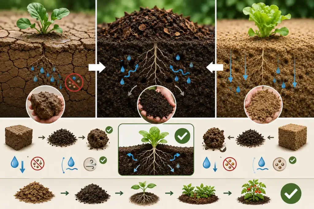 Visual comparison of clay soil, sandy soil, and compost-improved soil showing how organic matter changes water movement, pore space, and root growth.