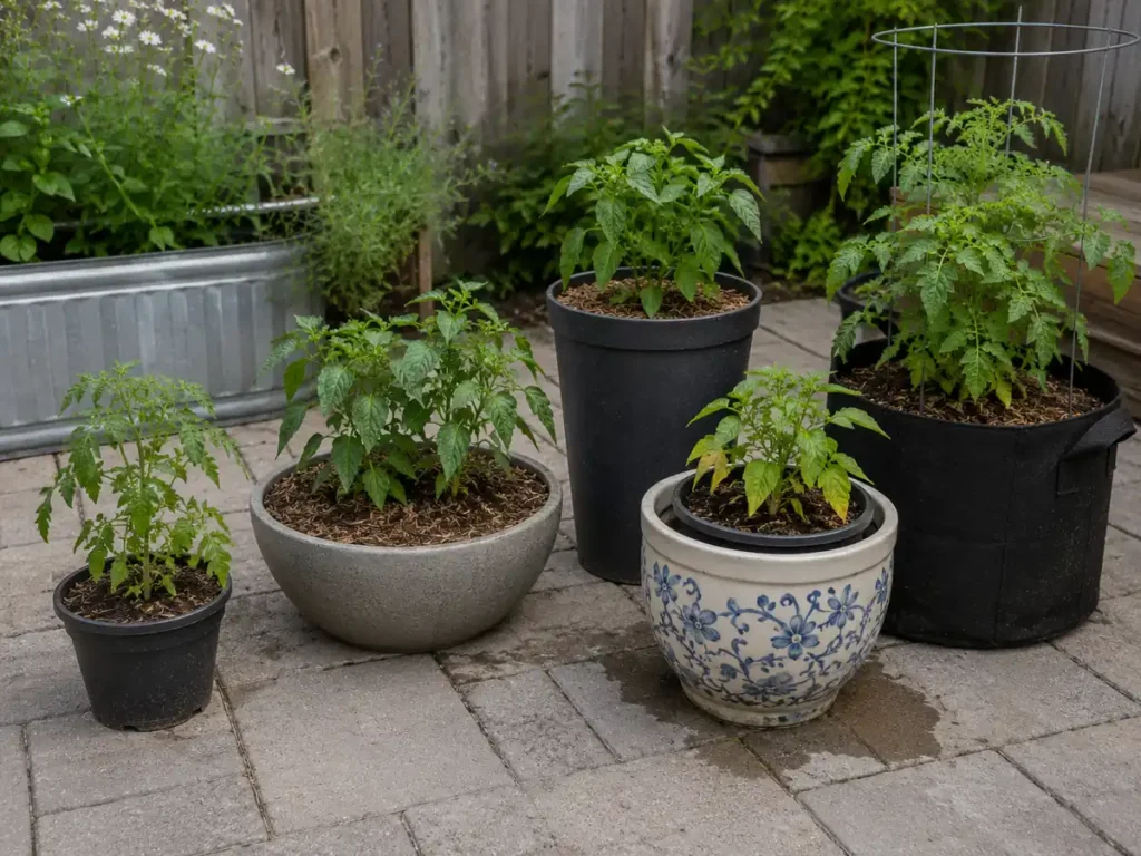 Container vegetable garden showing common pot size mistakes, including a small seedling pot, wide and narrow containers, a decorative cachepot, and fabric grow bag.