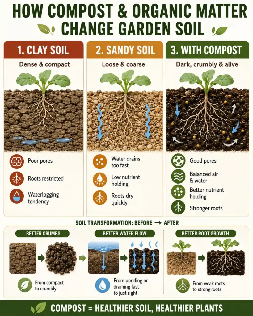 Infographic showing how compost and organic matter improve clay soil, sandy soil, pore space, water movement, and root growth.