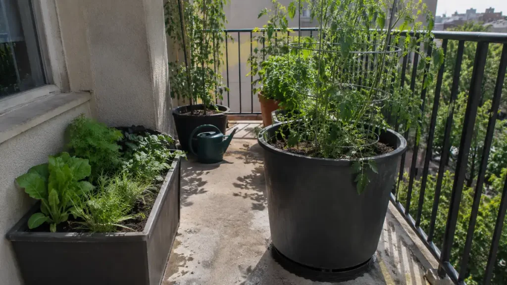 Balcony container garden with a deep tomato planter, shallow leafy greens, and narrow walking space showing how container depth affects weight, access, and heat.