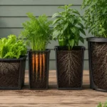 Container depth comparison showing lettuce, carrots, pepper, and tomato plants with visible root zones matched to different vegetable root types.