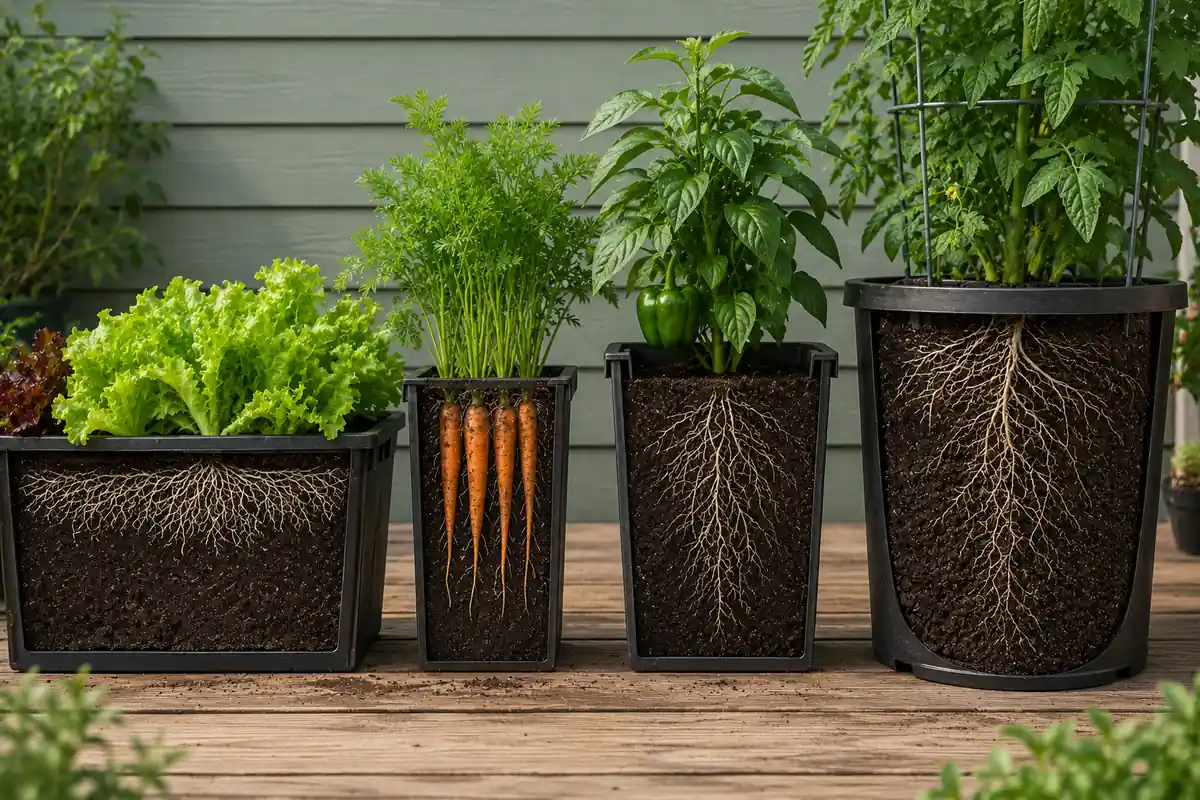 Container depth comparison showing lettuce, carrots, pepper, and tomato plants with visible root zones matched to different vegetable root types.
