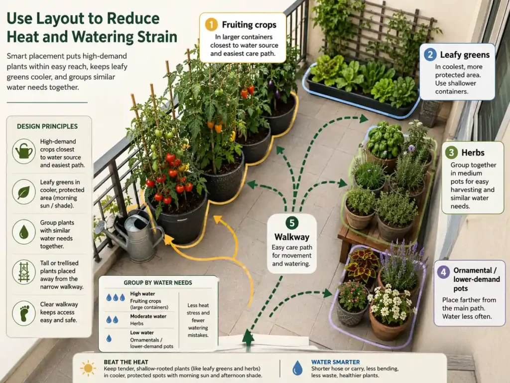 Infographic showing how container garden layout reduces heat and watering strain by grouping fruiting crops, leafy greens, herbs, and lower-demand pots.