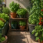 Balcony container garden with leafy greens, herbs, pepper, and supported tomato plants placed in different sun and shade zones.
