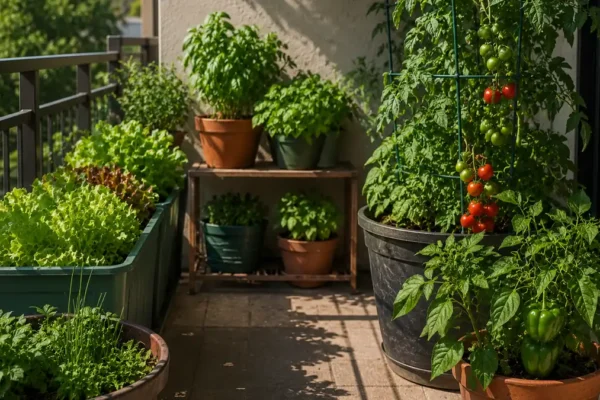 Balcony container garden with leafy greens, herbs, pepper, and supported tomato plants placed in different sun and shade zones.