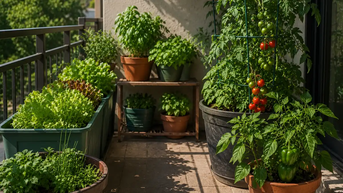 Balcony container garden with leafy greens, herbs, pepper, and supported tomato plants placed in different sun and shade zones.