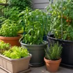 Vegetables growing in different sized containers on a patio, including lettuce, peppers, tomatoes, and herbs.
