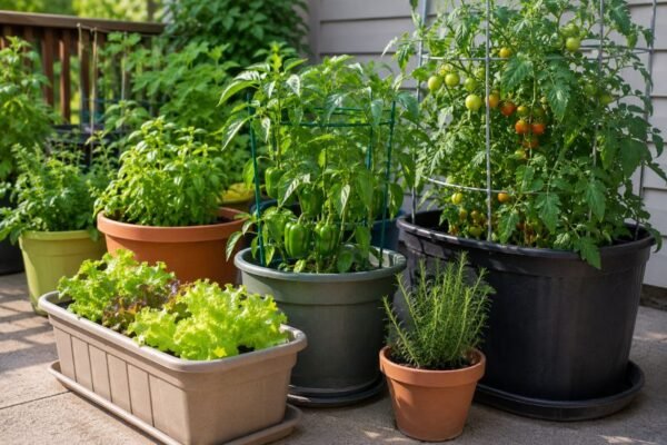 Vegetables growing in different sized containers on a patio, including lettuce, peppers, tomatoes, and herbs.