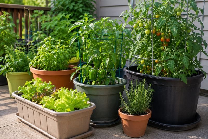 Vegetables growing in different sized containers on a patio, including lettuce, peppers, tomatoes, and herbs.