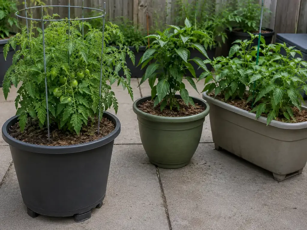 Container vegetable garden with tomato cage, pepper pots, and shared planter showing how support, spacing, and water reserve affect final pot size.
