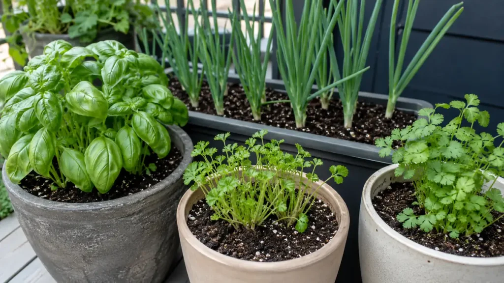 Herbs and green onions growing in medium-depth containers showing why container depth supports regrowth after repeated cutting.