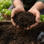 Gardener holding dark finished compost over a prepared vegetable bed to improve garden soil with organic matter.