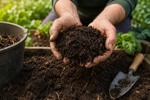 Gardener holding dark finished compost over a prepared vegetable bed to improve garden soil with organic matter.