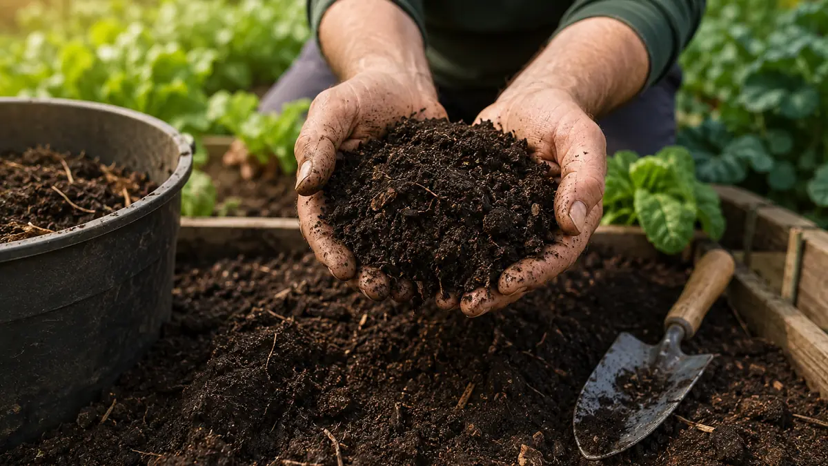 Gardener holding dark finished compost over a prepared vegetable bed to improve garden soil with organic matter.