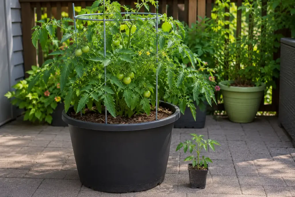 Large tomato plant growing in a deep patio container beside a small tomato transplant, showing why tomatoes need more pot space as they mature.