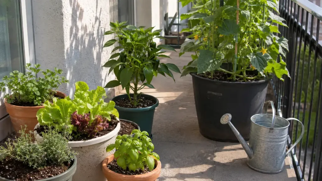 Sunny balcony container garden with herbs, lettuce, pepper, and cucumber plants showing how potting mix and water demand affect crop choice.