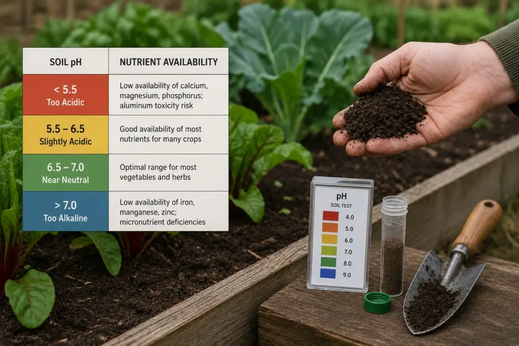 Soil pH test beside a raised vegetable bed showing how pH affects nutrient availability before adding garden amendments.