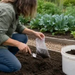 Gardener collecting a clean soil sample from a raised vegetable bed before choosing compost, fertilizer, lime, or other soil amendments.