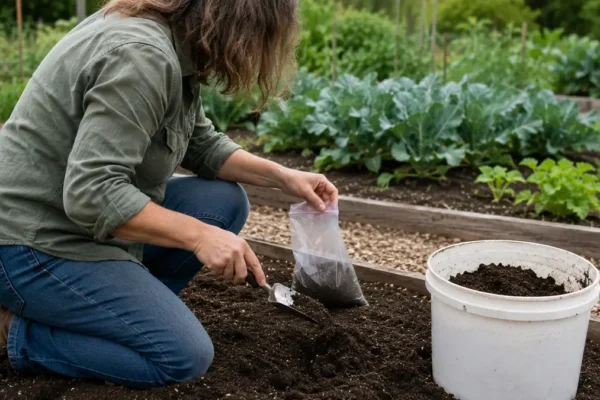 Gardener collecting a clean soil sample from a raised vegetable bed before choosing compost, fertilizer, lime, or other soil amendments.