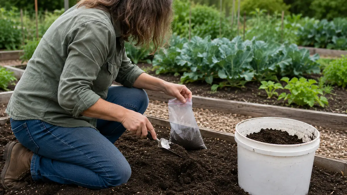 Gardener collecting a clean soil sample from a raised vegetable bed before choosing compost, fertilizer, lime, or other soil amendments.