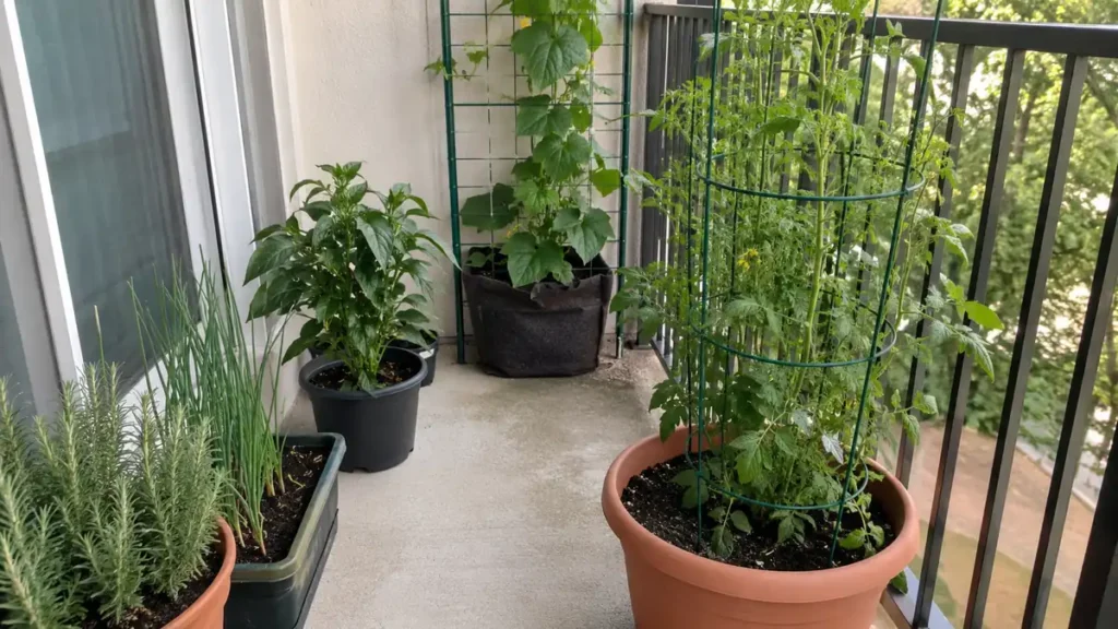 Narrow balcony container vegetables garden with upright herbs, green onions, compact pepper, and supported vegetable plants arranged to keep floor space open.
