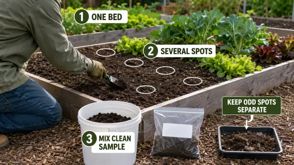 Gardener collecting soil from several spots in one raised bed, with a clean bucket and sample bag showing how to take a useful garden soil sample.
