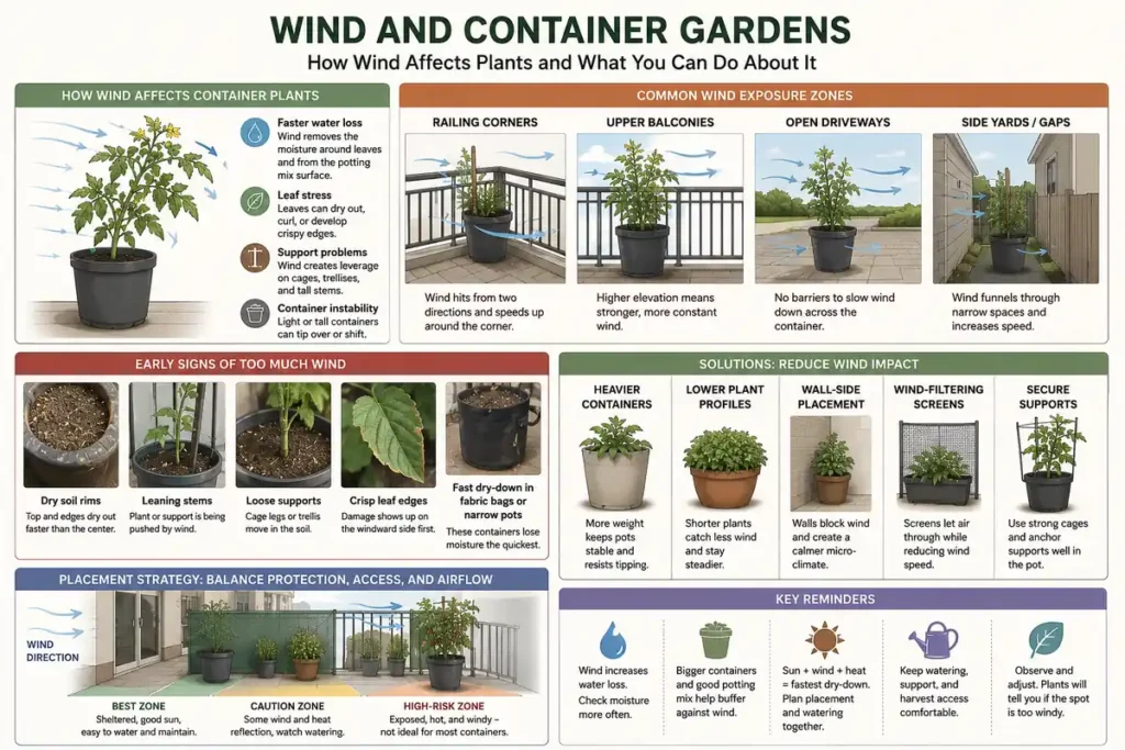 Infographic explaining how wind affects container garden placement through faster water loss, leaning supports, dry soil rims, and container instability.
