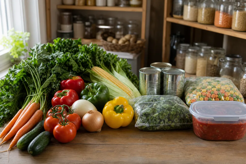Fresh vegetables beside canned and frozen vegetables showing fresh and processed vegetable consumption data