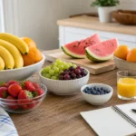 Bowls of bananas, apples, oranges, grapes, strawberries, blueberries, watermelon, and orange juice on a kitchen table