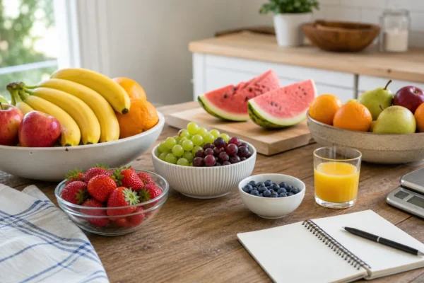 Bowls of bananas, apples, oranges, grapes, strawberries, blueberries, watermelon, and orange juice on a kitchen table