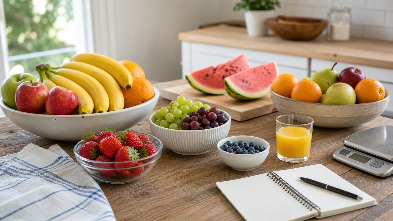 Bowls of bananas, apples, oranges, grapes, strawberries, blueberries, watermelon, and orange juice on a kitchen table