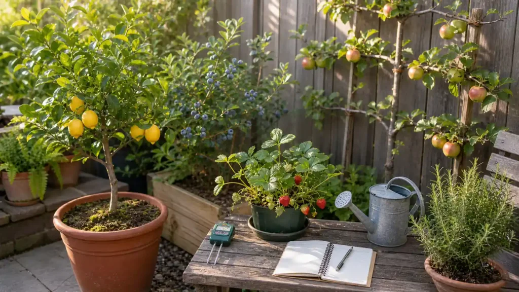 Compact fruit garden with potted citrus, berries, espalier apples, and a moisture meter