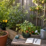 Compact fruit garden with potted citrus, berries, espalier apples, and a moisture meter