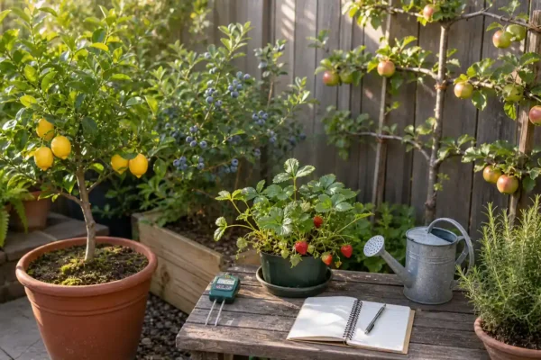 Compact fruit garden with potted citrus, berries, espalier apples, and a moisture meter