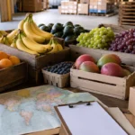 Fruit crates with bananas, grapes, citrus, berries, mangoes, pineapples, and a map in a warehouse