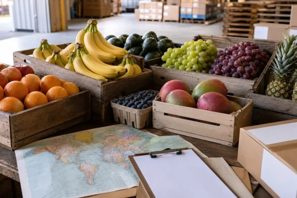 Fruit crates with bananas, grapes, citrus, berries, mangoes, pineapples, and a map in a warehouse