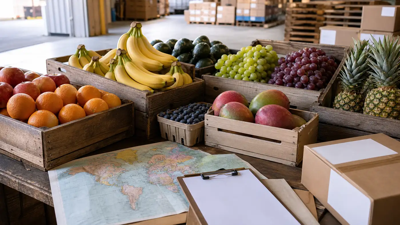 Fruit crates with bananas, grapes, citrus, berries, mangoes, pineapples, and a map in a warehouse