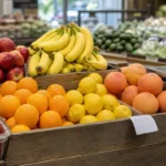 Fresh fruit display with apples, bananas, citrus, strawberries, and a grocery scale